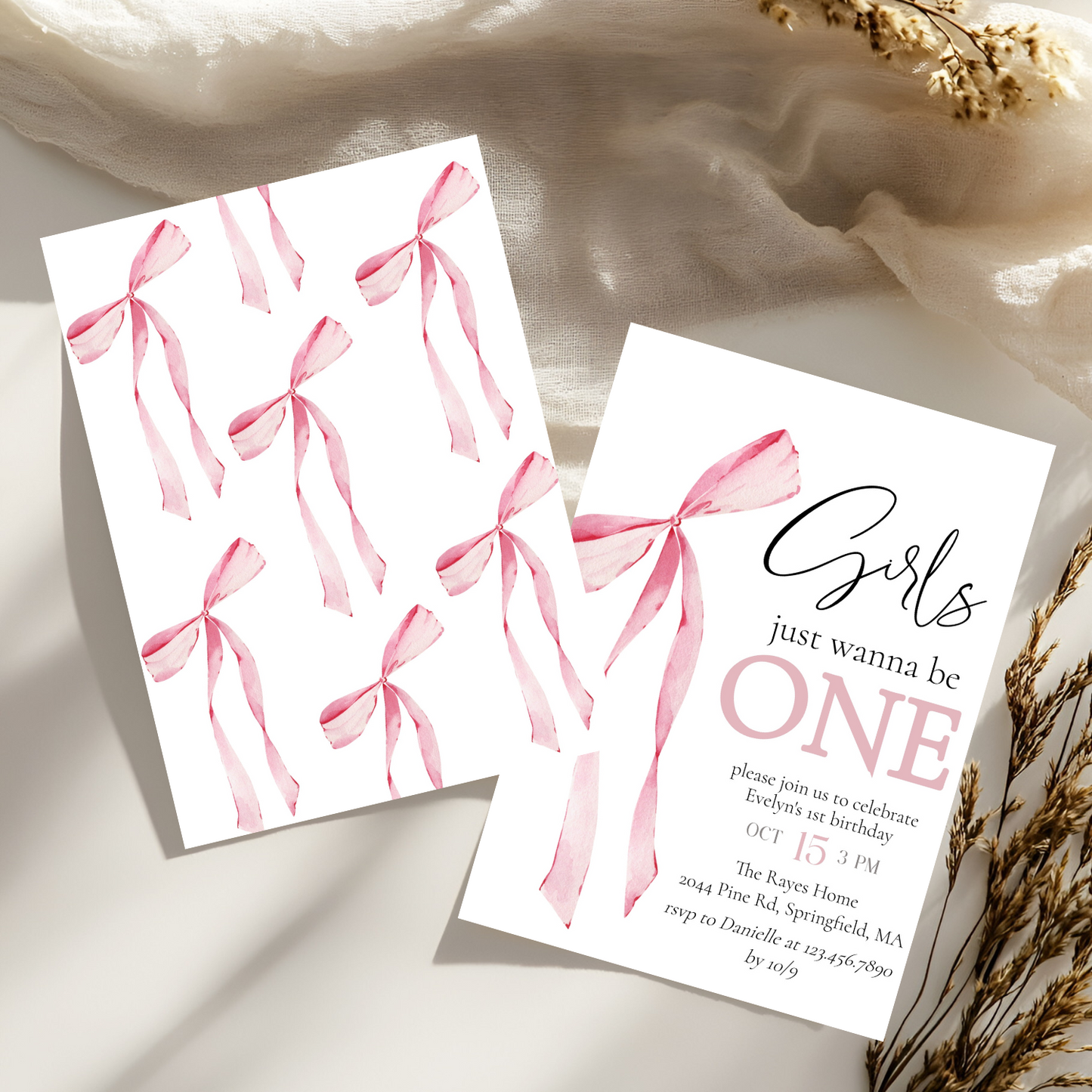 Girls Just Wanna Be One Pink Bow Birthday Invitation