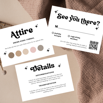 KATIE Retro Wedding Invitation Suite – Digital Download Bundle + BONUS Attire Card