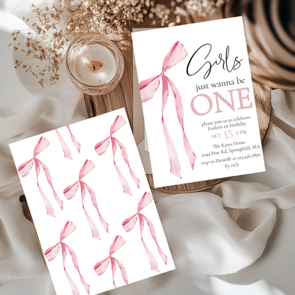 Girls Just Wanna Be One Pink Bow Birthday Invitation