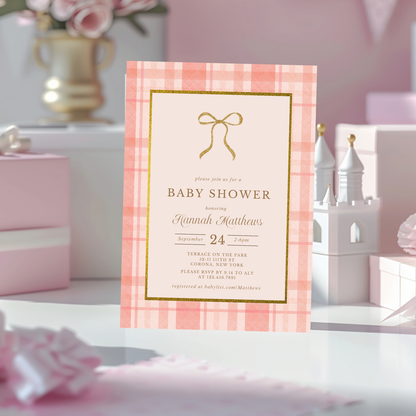 Preppy Gold and Pink Bow Baby Shower Invitation