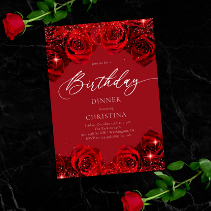 Elegant Red Rose Calligraphy Birthday Invitation