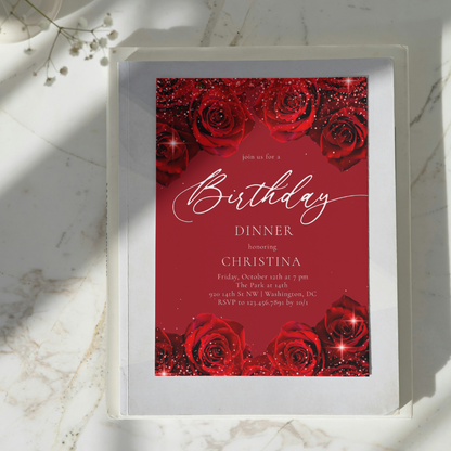 Elegant Red Rose Calligraphy Birthday Invitation