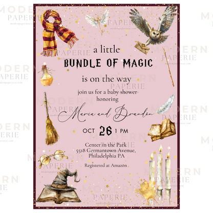 Magical Wizard Girl Pink Baby Shower Invitation