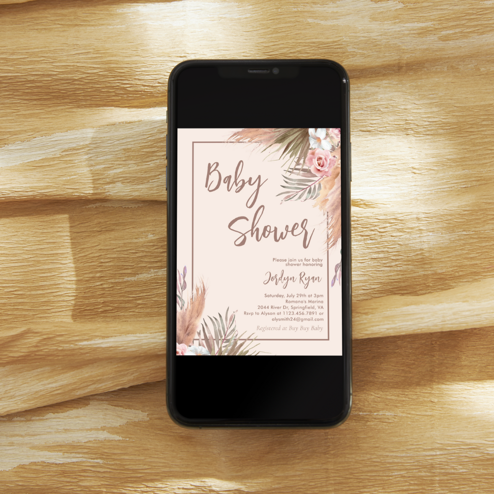 Boho Floral Pampas Grass Baby Shower Invitation