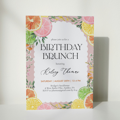 Watercolor Citrus Floral Pink Birthday Brunch Invitation