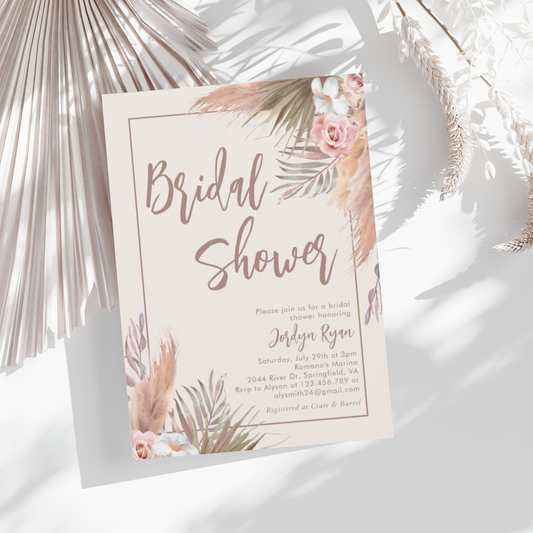 Boho Watercolor Pampas Grass Bridal Shower Invitation