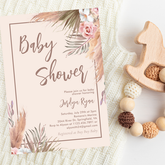 Boho Floral Pampas Grass Baby Shower Invitation