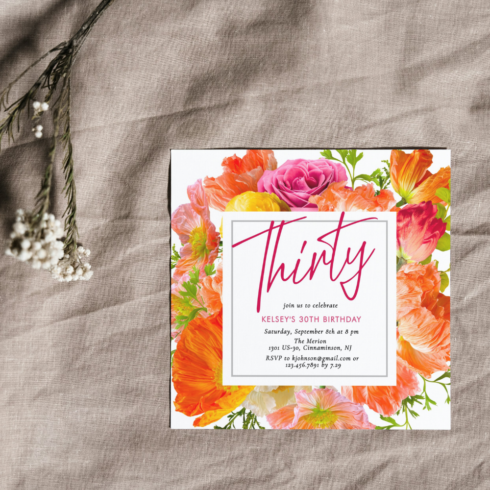 Modern Pink & Orange Floral 30th Birthday Invitation