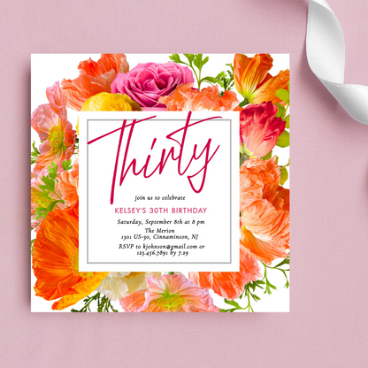 Modern Pink & Orange Floral 30th Birthday Invitation