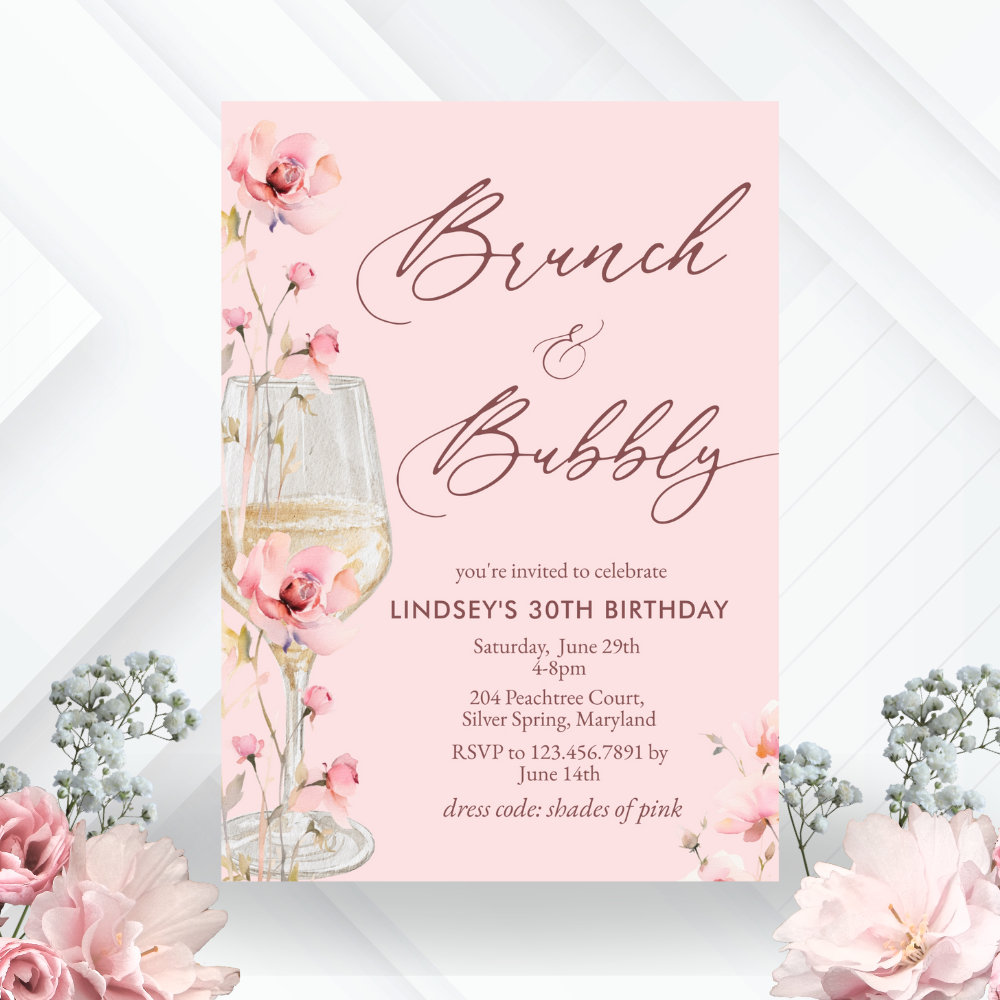 Watercolor Pink Floral Brunch & Bubbly Birthday invitation
