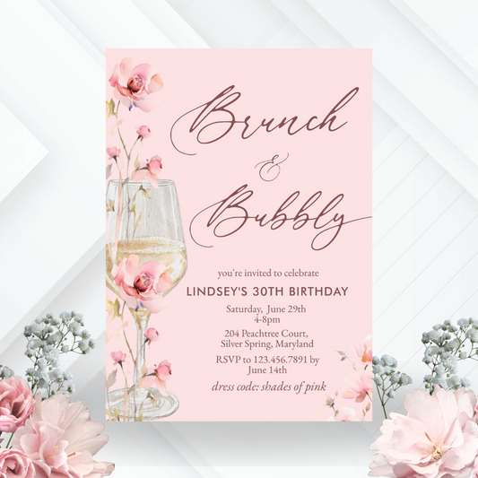 Watercolor Pink Floral Brunch & Bubbly Birthday invitation