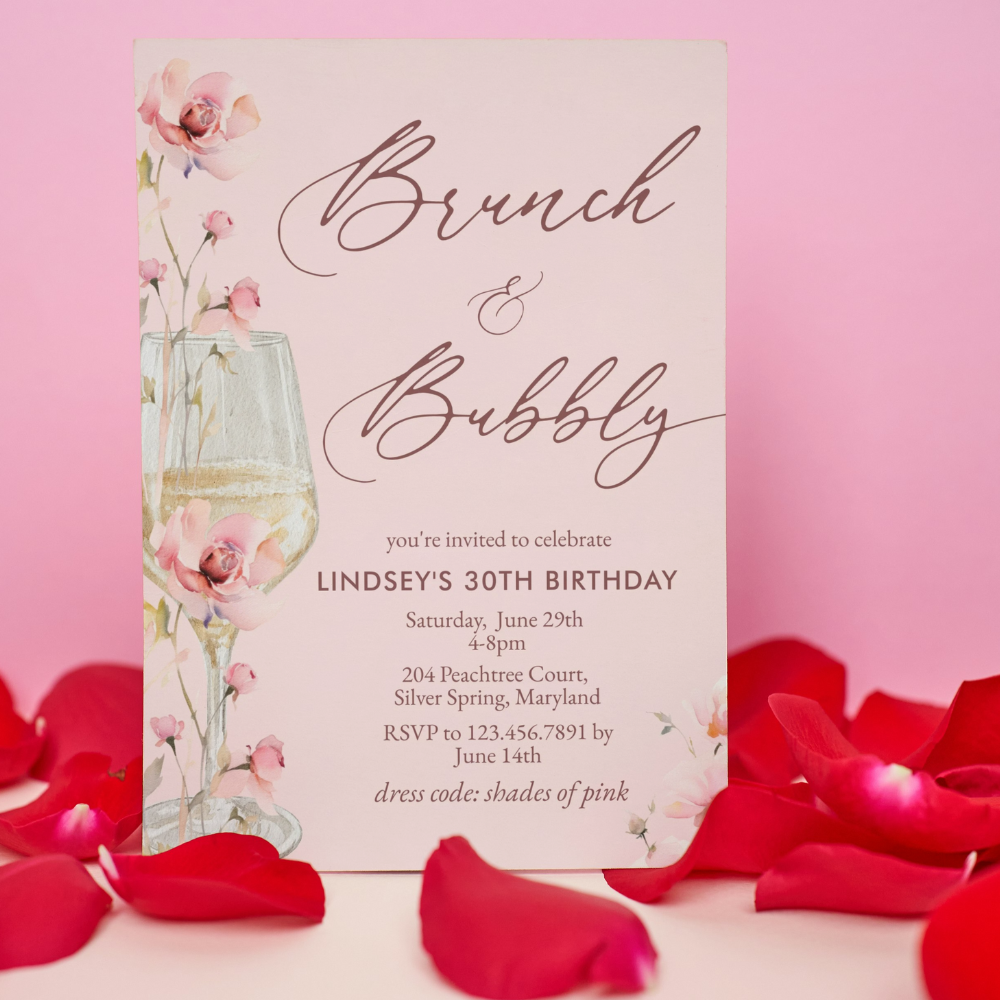 Watercolor Pink Floral Brunch & Bubbly Birthday invitation