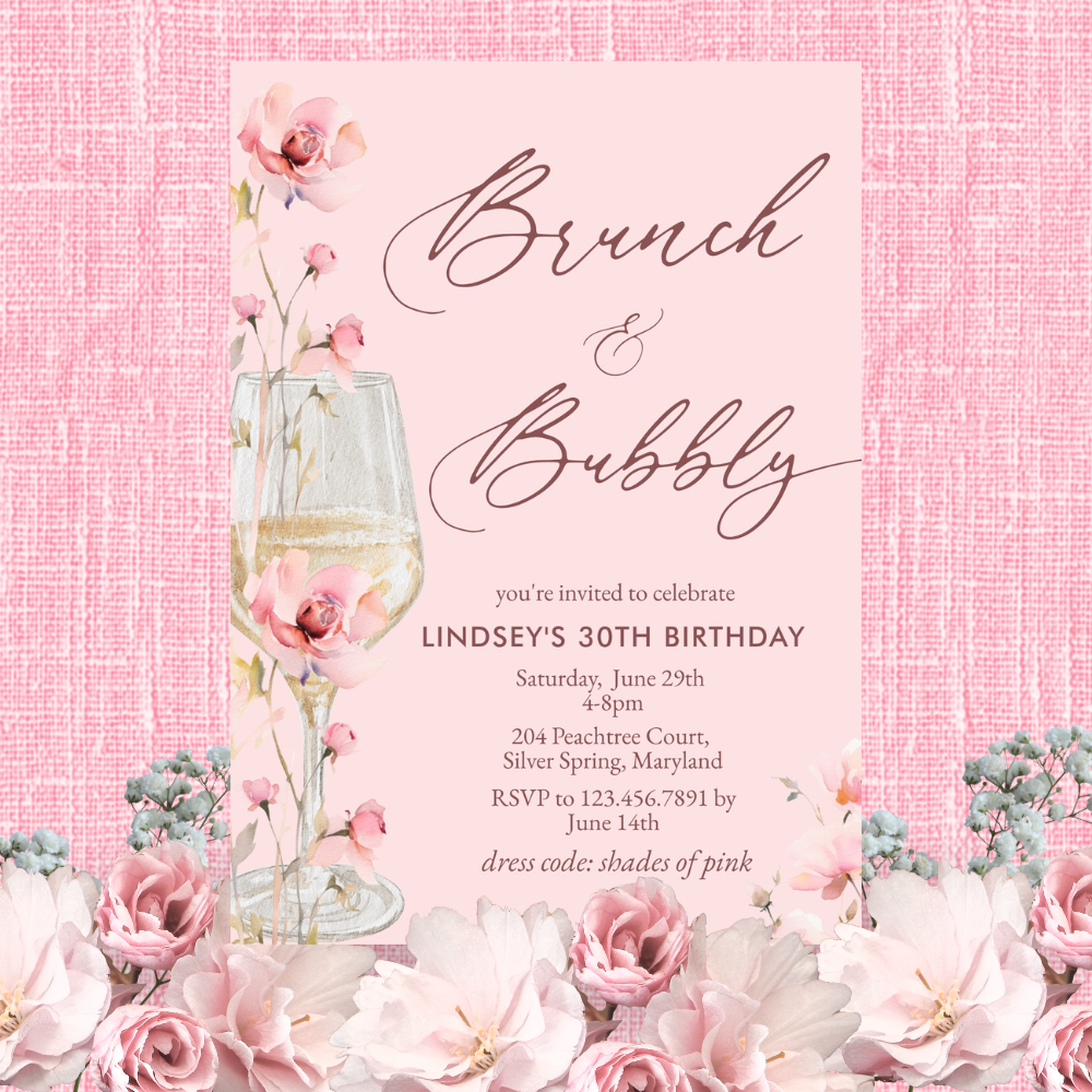 Watercolor Pink Floral Brunch & Bubbly Birthday invitation