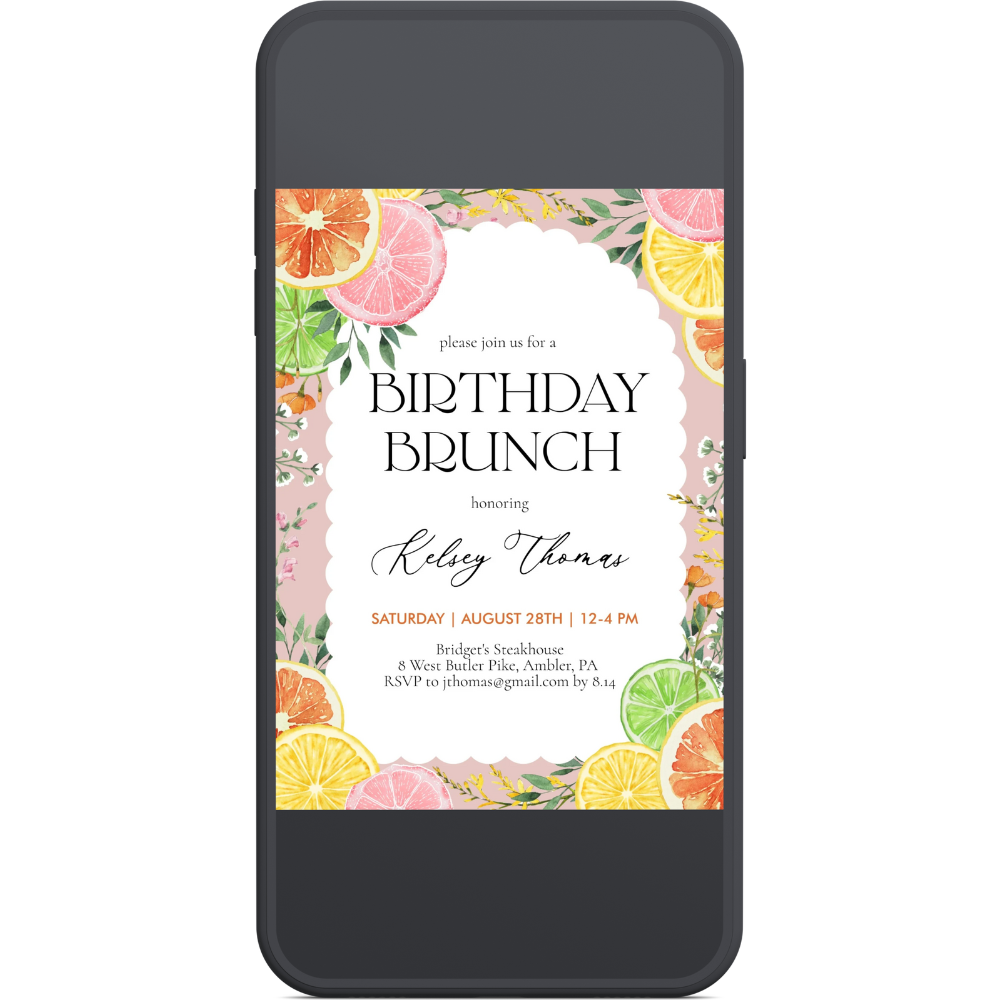 Watercolor Citrus Floral Pink Birthday Brunch Invitation