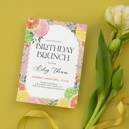 Watercolor Citrus Floral Pink Birthday Brunch Invitation