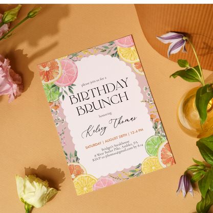 Watercolor Citrus Floral Pink Birthday Brunch Invitation