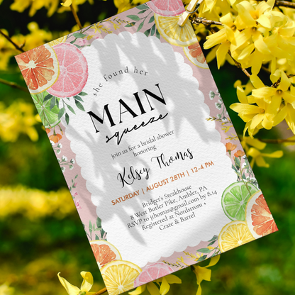 Watercolor Citrus Main Squeeze Bridal Shower Invitation