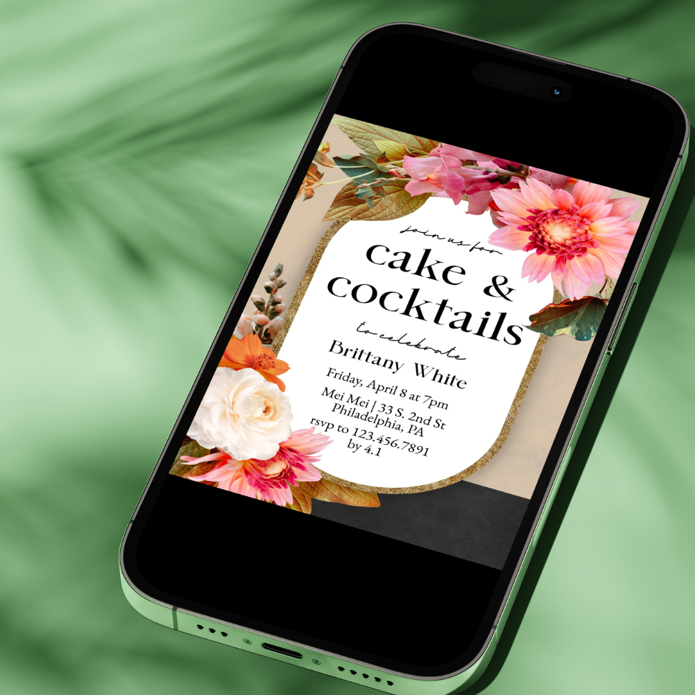 Modern Floral Cake & Cocktails Birthday Invitation