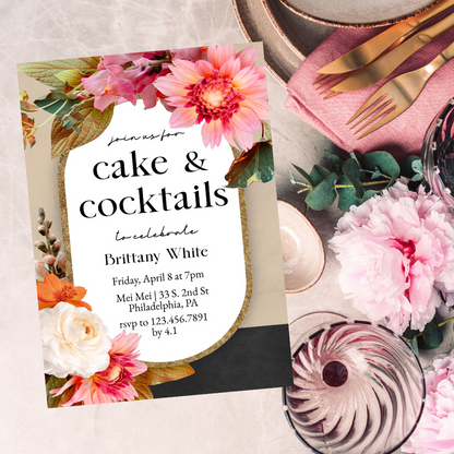 Modern Floral Cake & Cocktails Birthday Invitation