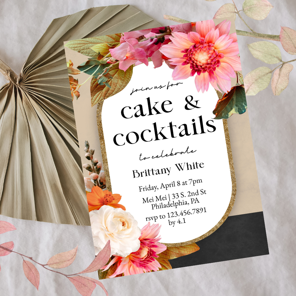 Modern Floral Cake & Cocktails Birthday Invitation