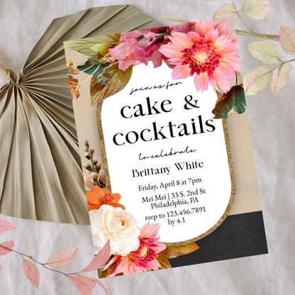 Modern Floral Cake & Cocktails Birthday Invitation