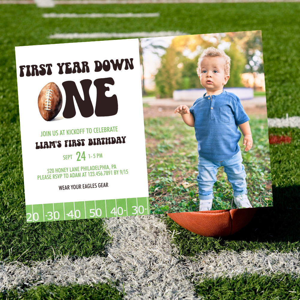 Retro Football First Year Down 1st Birthday Invitation