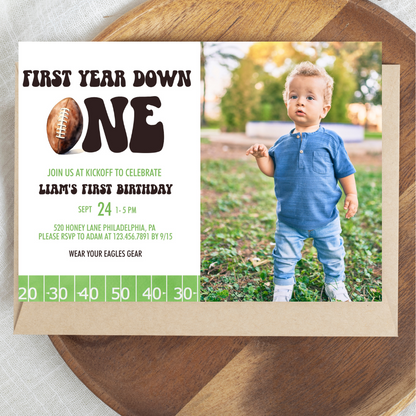 Retro Football First Year Down 1st Birthday Invitation