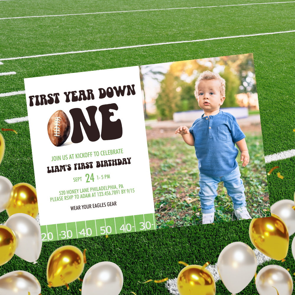 Retro Football First Year Down 1st Birthday Invitation