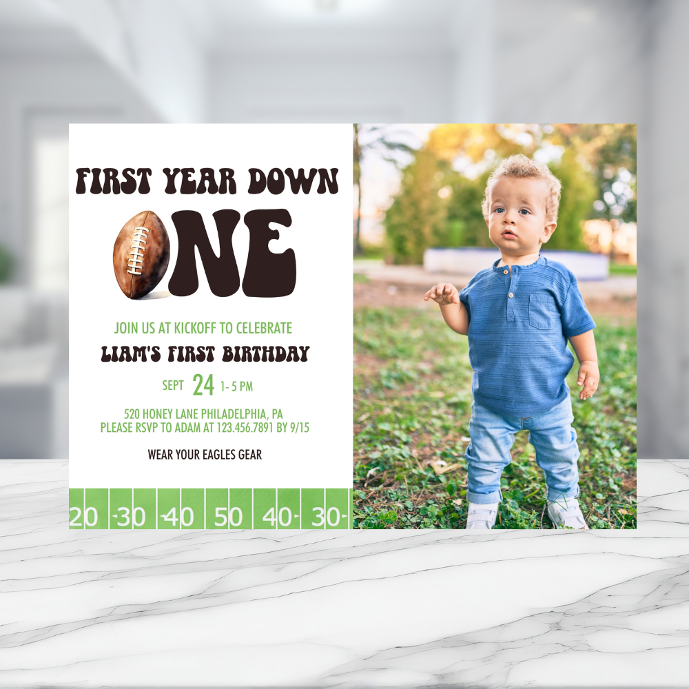 Retro Football First Year Down 1st Birthday Invitation