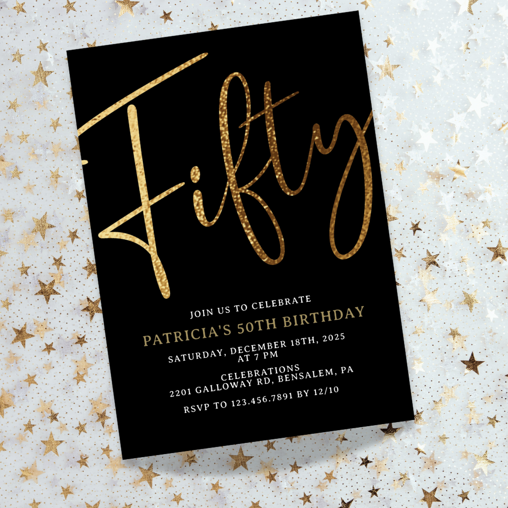 Elegant Gold & Black 50th Birthday Invitation