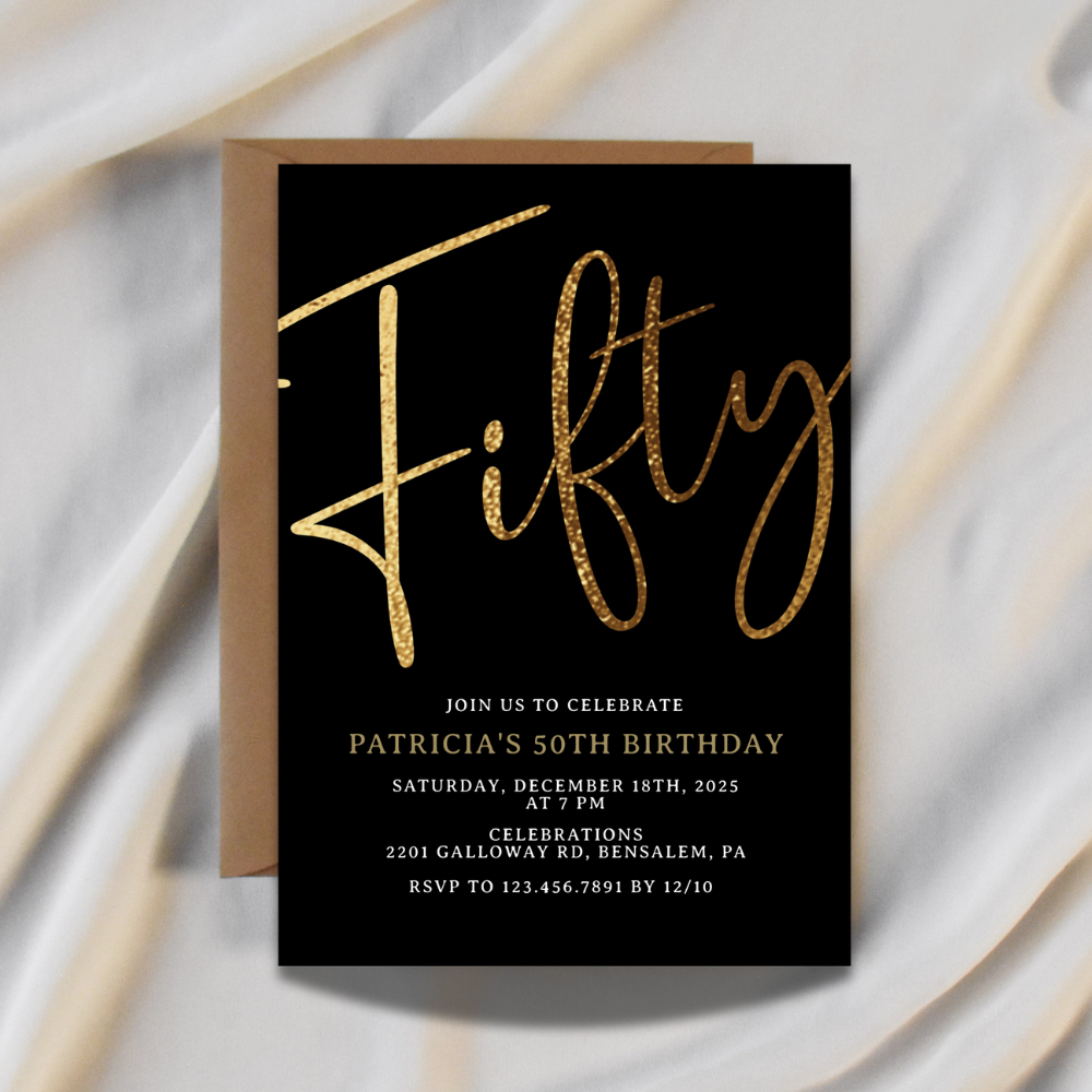 Elegant Gold & Black 50th Birthday Invitation