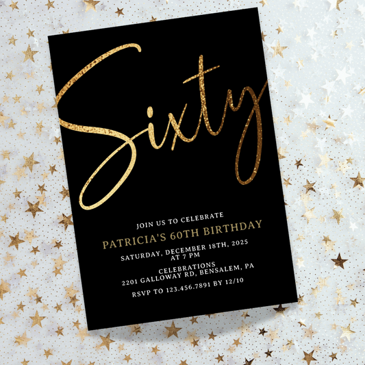 Elegant Gold & Black 60th Birthday Invitation