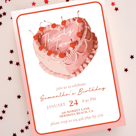 Modern Pink Cherry Heart Birthday Cake Invitation