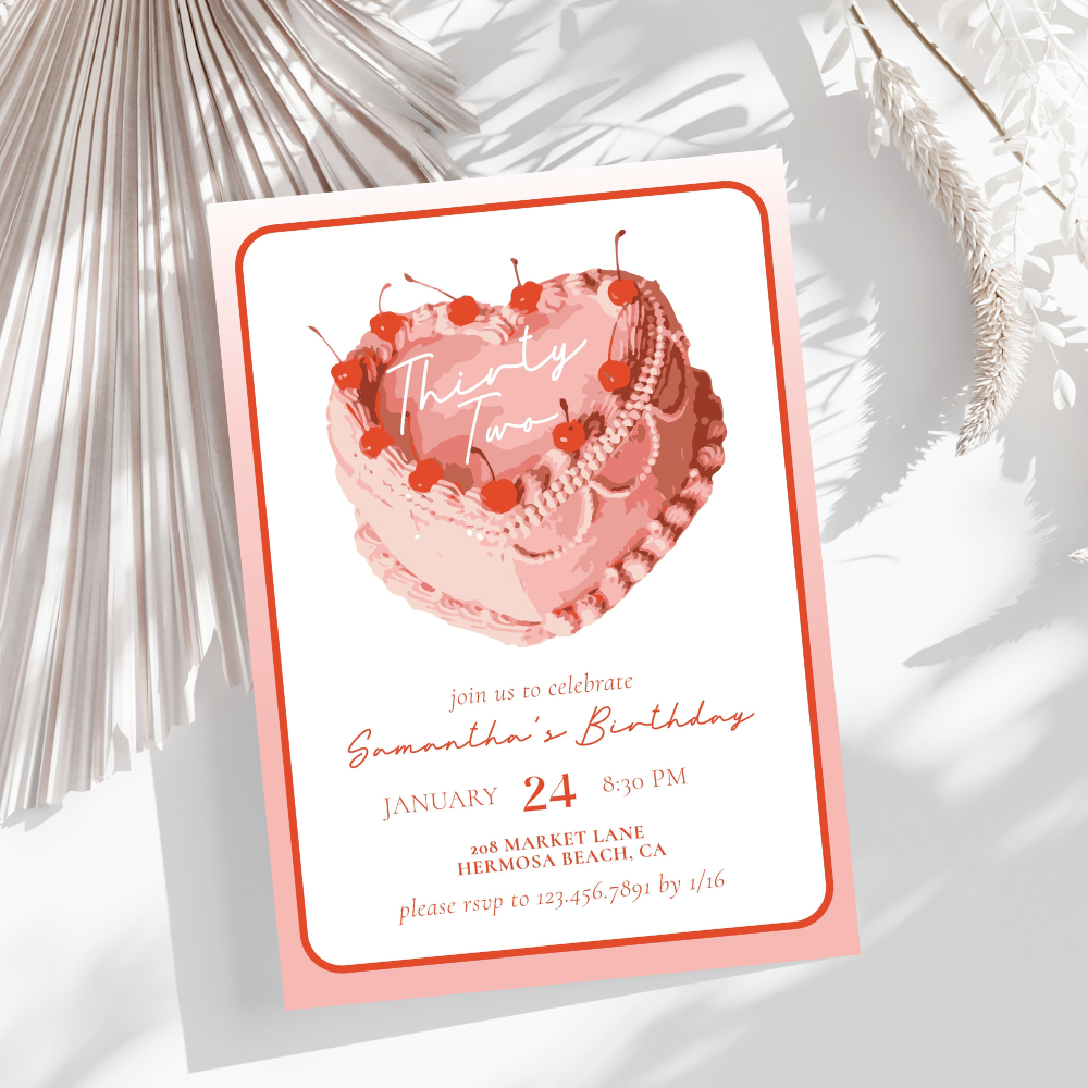 Modern Pink Cherry Heart Birthday Cake Invitation