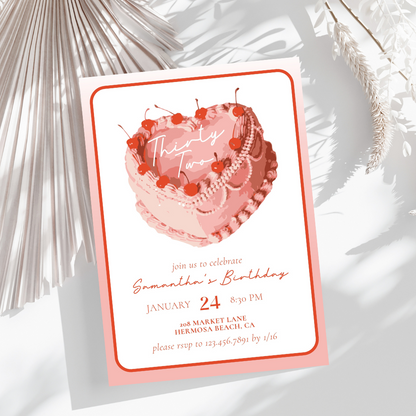 Modern Pink Cherry Heart Birthday Cake Invitation