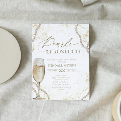 Elegant Pearls & Prosecco Bridal Shower Invitation