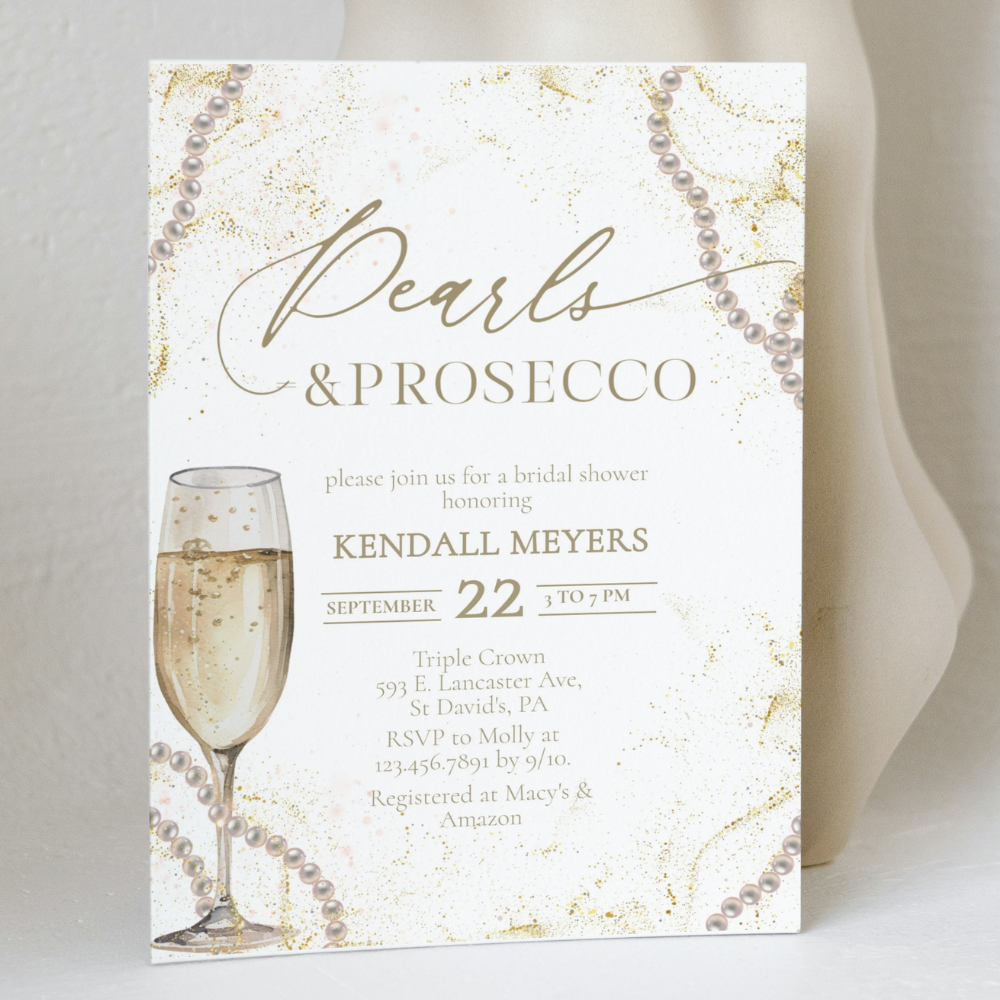 Elegant Pearls & Prosecco Bridal Shower Invitation