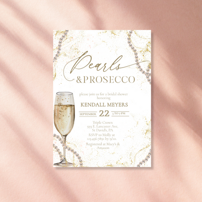 Elegant Pearls & Prosecco Bridal Shower Invitation