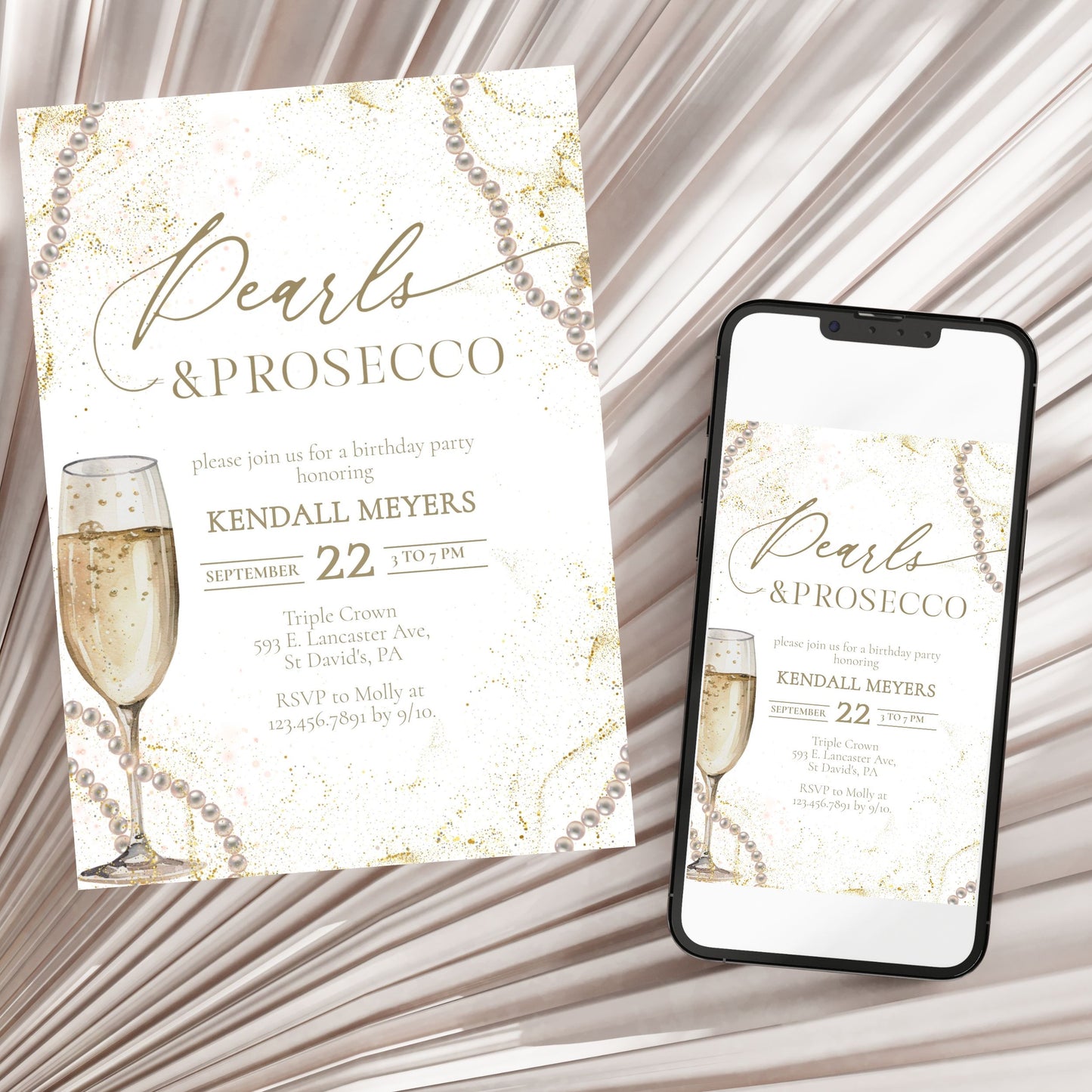 Elegant Pearls & Prosecco Birthday Invitation