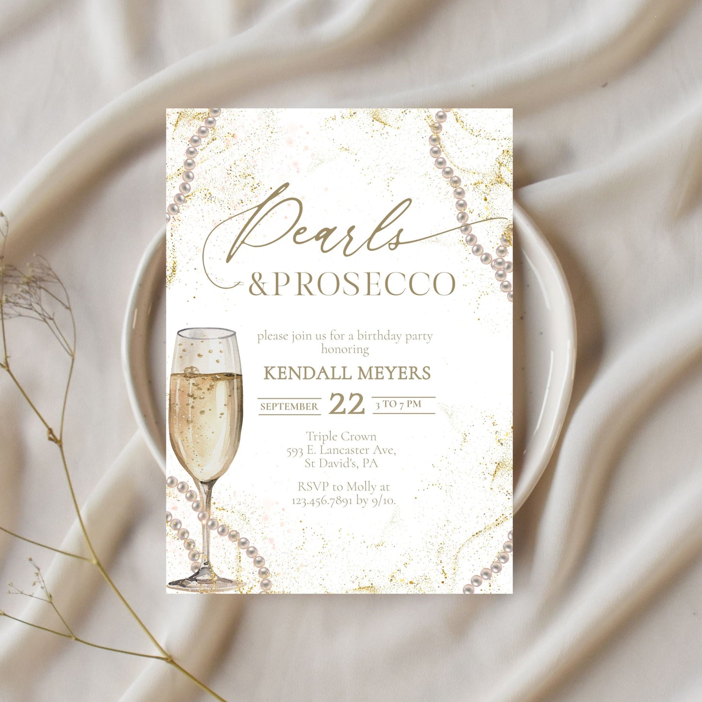Elegant Pearls & Prosecco Birthday Invitation