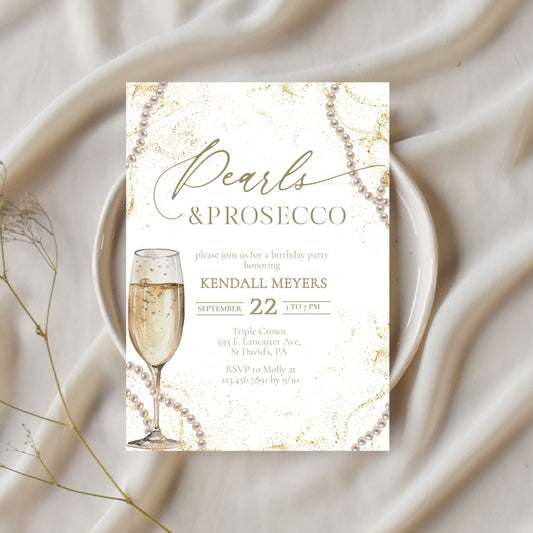 Elegant Pearls & Prosecco Birthday Invitation
