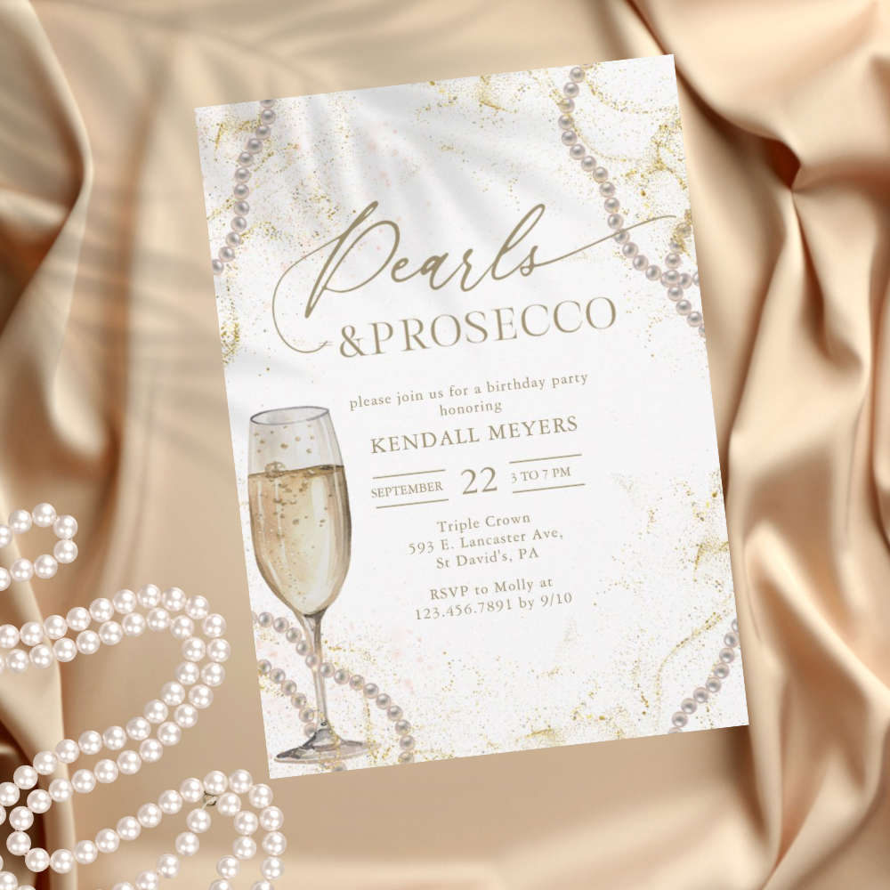 Elegant Pearls & Prosecco Birthday Invitation – Modern Paperie Co.