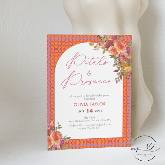 Watercolor Floral Petals and Prosecco Birthday Invitation