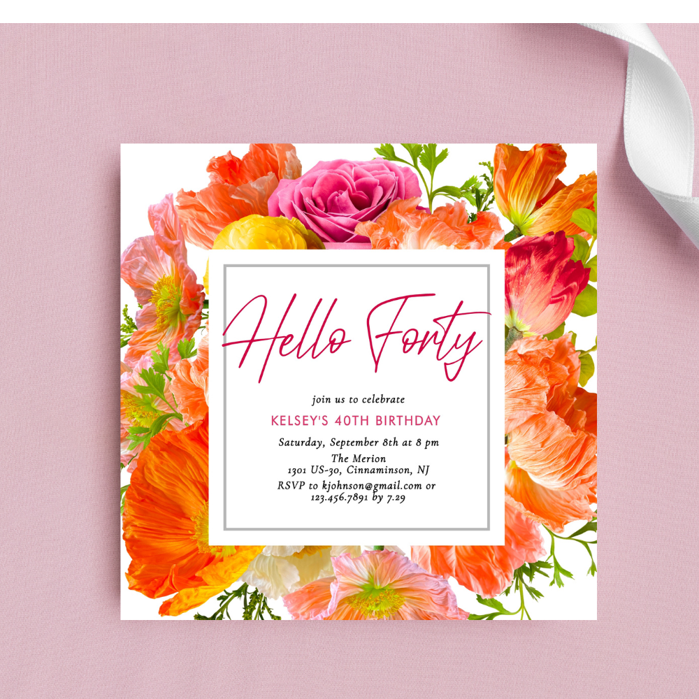 Modern Pink & Orange Floral Any Year Birthday Invitation