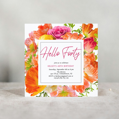 Modern Pink & Orange Floral Any Year Birthday Invitation