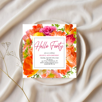 Modern Pink & Orange Floral Any Year Birthday Invitation