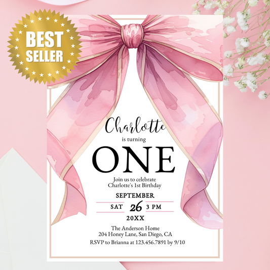 Posh Pink Coquette Bow Baby Girl 1st Birthday Invitation