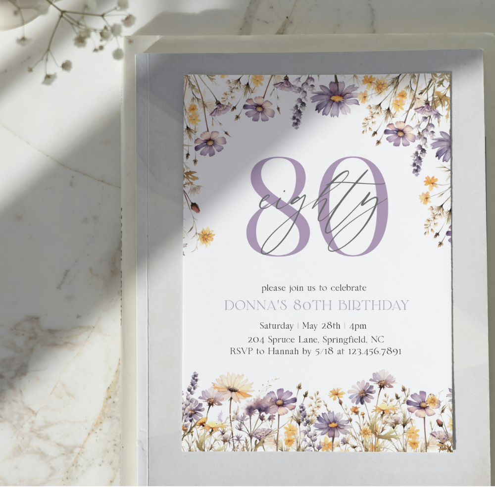 Watercolor Purple Wildflowers 80th Birthday Invitation