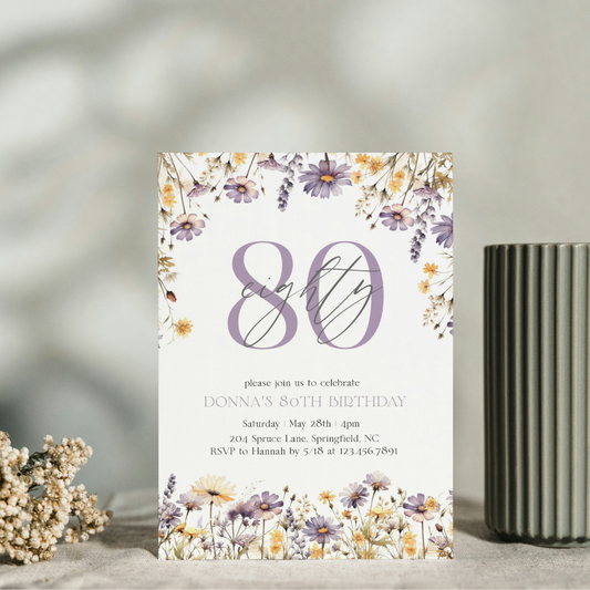 Watercolor Purple Wildflowers 80th Birthday Invitation