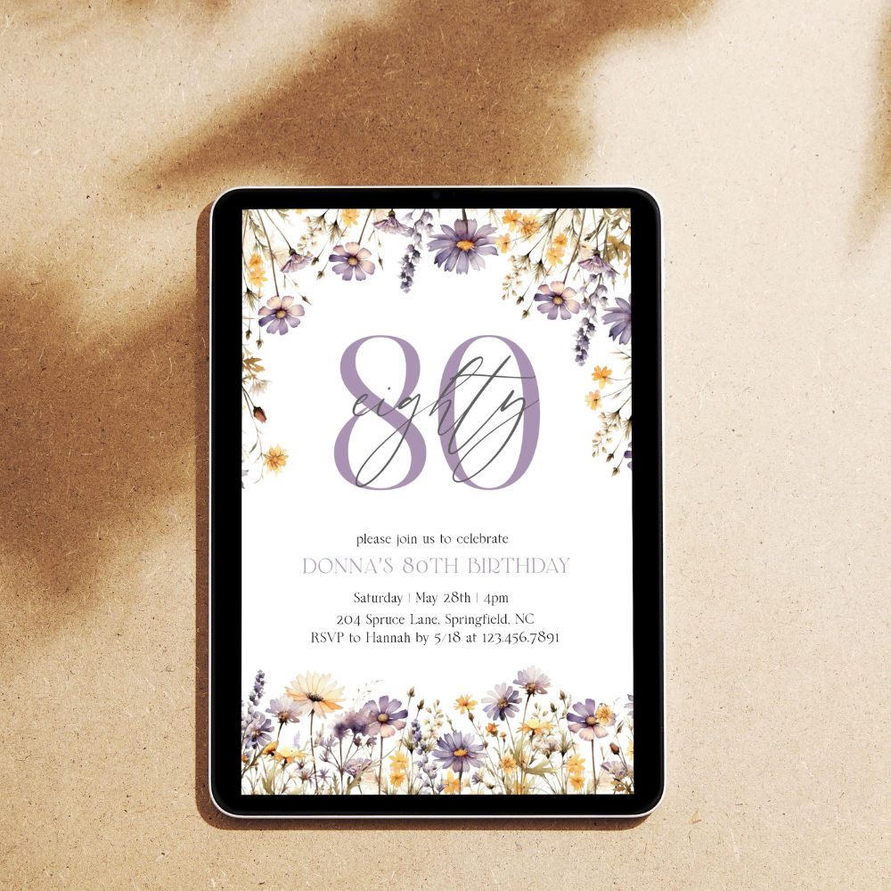 Watercolor Purple Wildflowers 80th Birthday Invitation
